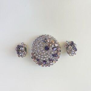Sherman broach and clip on earring set with pale pink and purple stones